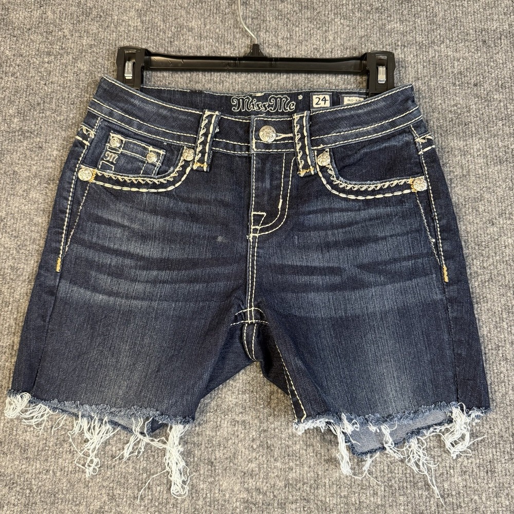 Miss Me Denim Shorts 24 Blue Mid Rise Curved Boot Cut Off Distressed Stretch